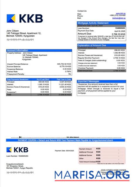 Blank Kyrgyzstan Kyrgyzkommertsbank mortgage statement Word and PDF template